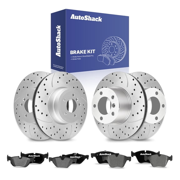 AutoShack Front Vented & Rear Vented Drilled & Slotted Silver Zinc Coated Brake Rotors   Ceramic Pads 12-PC Brake Kit Replacement for 2008-2010 BMW 328i 2007-2009 BMW 323i SilverShield Pro