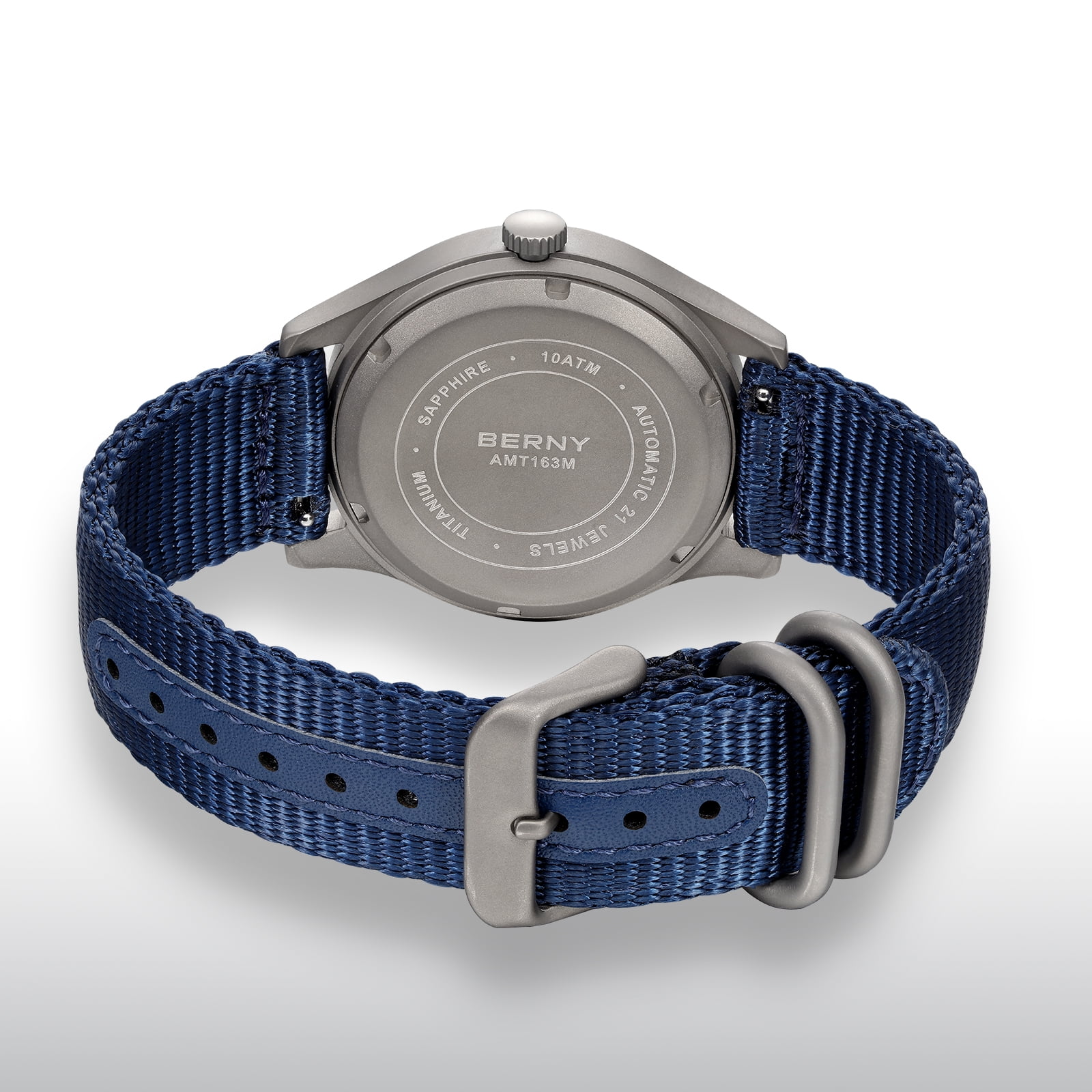 BERNY Automatic Watches for Men Military Sport Nylon Strap Titanium Field Watch with Date Sapphire Crystal Luminous Analog Mechanical Watch 100M Waterproof Army Tactical Casual Wristwatch (Blue)