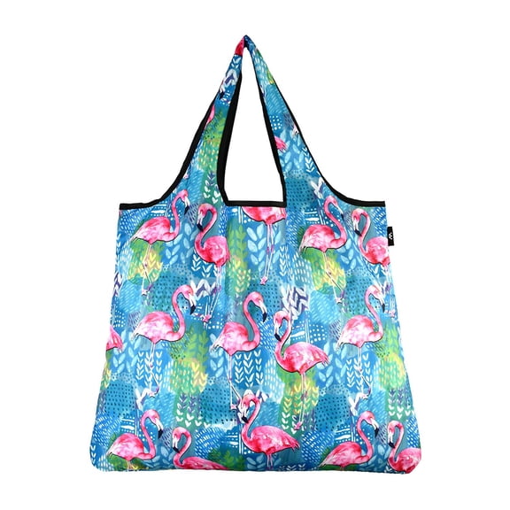 YaYbag JUMBO Size, Fashionable Reusable Shopping Bags, Reusable Grocery Bags, Reusable Produce Bags, Washable Reusable Bags, Foldable Reusable Bags, 55 lbs Heavy Duty Polyester, Flamingo