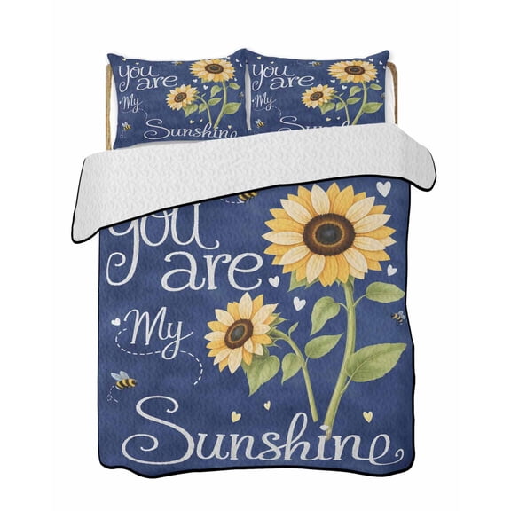 You Are My Sunshine Quilts Bedding Set California King Watercolor Sunflowers Floral Bees Navy Blue Lightweight Quilted Bedspread 3 Piece Bed Quilt with 2 Pillow Shams for Bedroom 96" x 106"