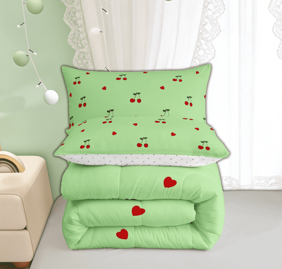 Manfei Green Cheryy Teens Full Size Comforter Sets for Kids Girls, Cartoon Princess Love Heart Bedding Comforter Set, Reversibles, 3pcs