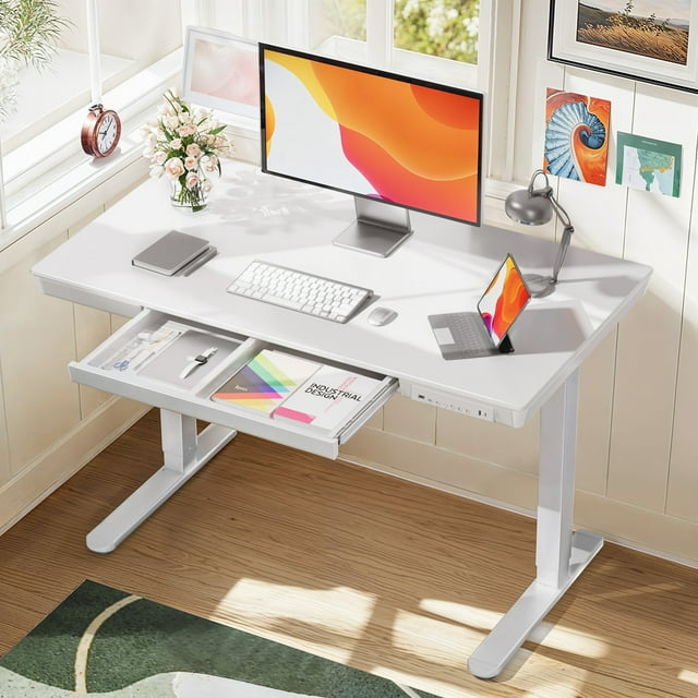CHITOOMA Electric Standing Desk with Drawer, 48" x 24" Maple Wood-top Height Adjustable Office Desk with USB Charging Ports, Sit to Stand Desk for Home