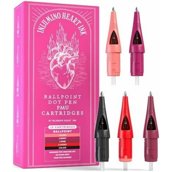PMU Practice Cartridges – 10-Pack Ballpoint Pen Refills for Tattoo Training on Paper – Patented Design – 5 Colors – Compatible with Rotary PMU Pens & Dot Machines
