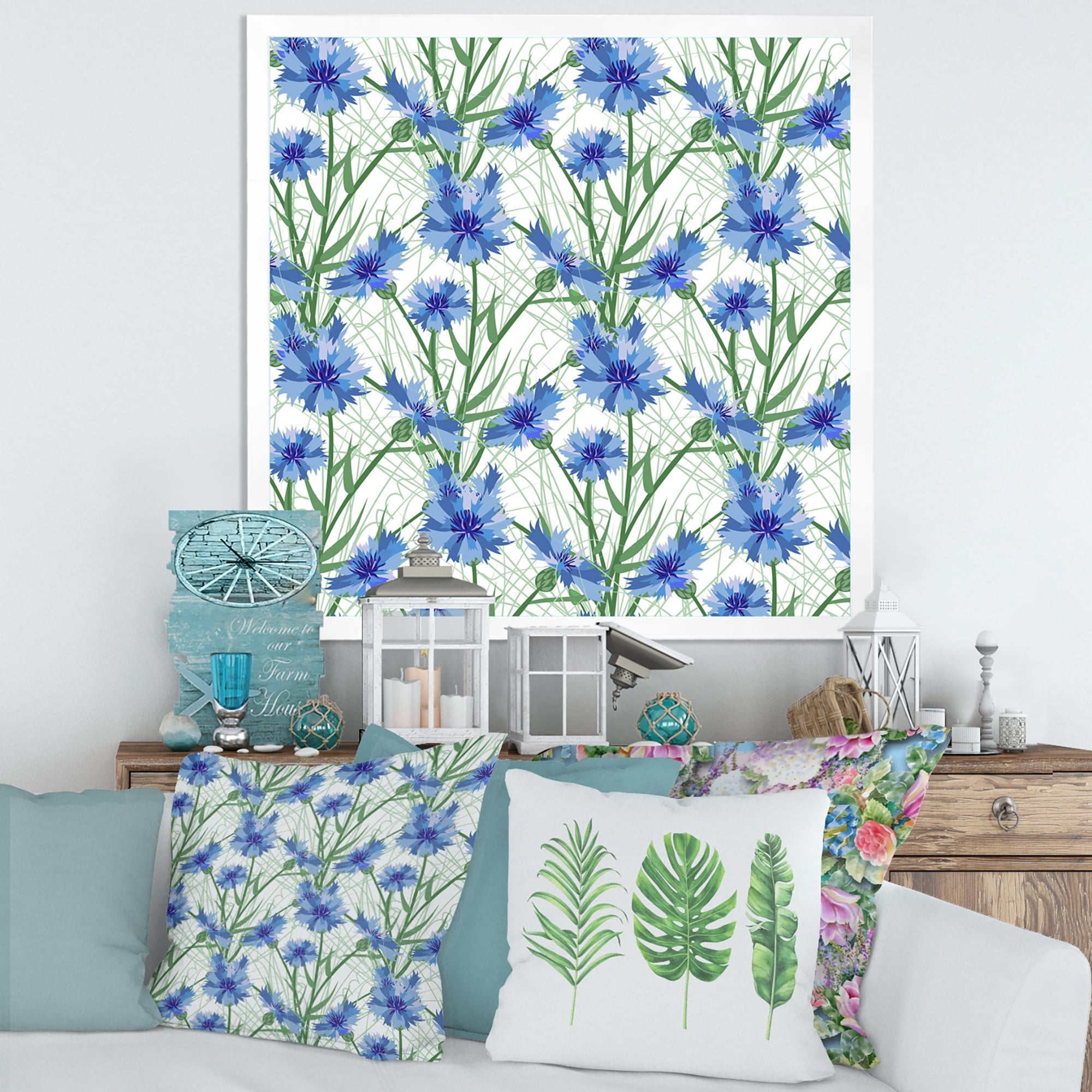 Designart 'Blue Cornflowers With Green Leaves On White I' Traditional Framed Art Print