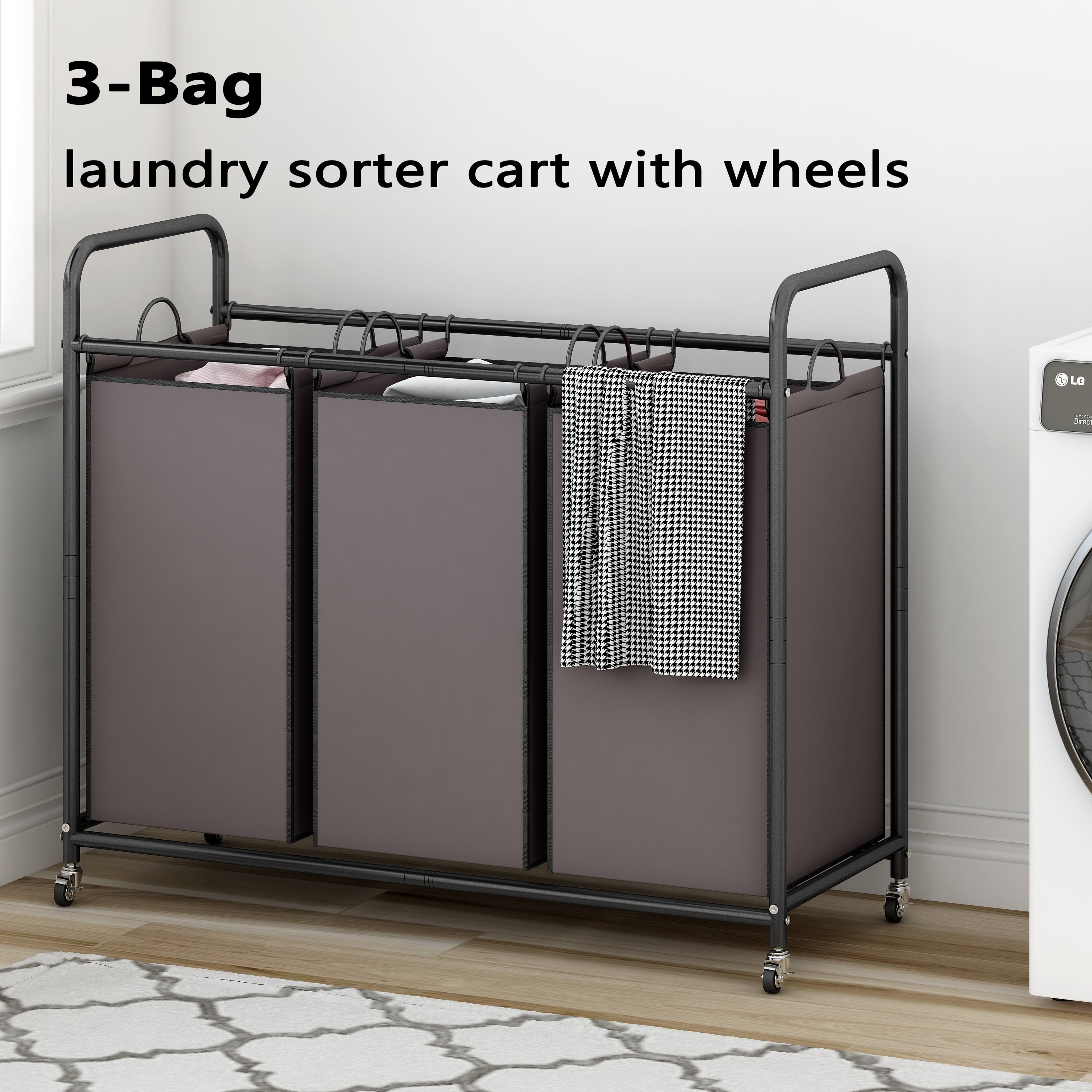 SUOERNUO 3-Bag Laundry Sorter Cart with Wheels – Heavy Duty Rolling Hamper with Removable Bags for Laundry Room Organization (Brown)