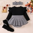 thumbnail image 3 of GYRATEDREAM Newborn Baby Girls Houndstooth Print Clothes Infant Long Sleeve Ribbed Ruffle Romper Dress Socks Headband 3Pcs Set Toddler Cotton Fall Winter Outfits Black for 1-18M, 3 of 8