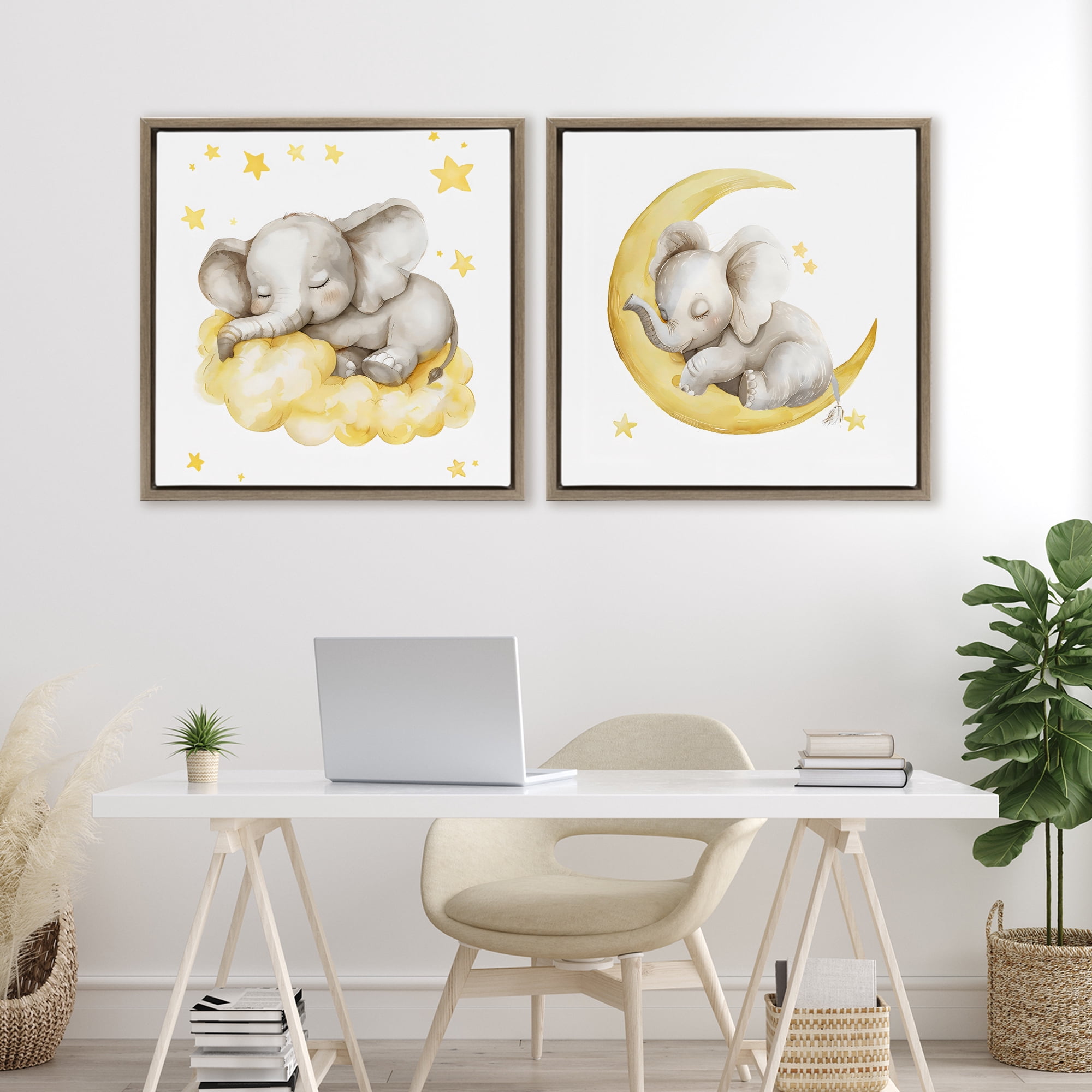 Stupell Industries Sleeping Elephant Moon and Clouds 2 Piece Brown Framed Floater Canvas Set, design by LSR Design Studio