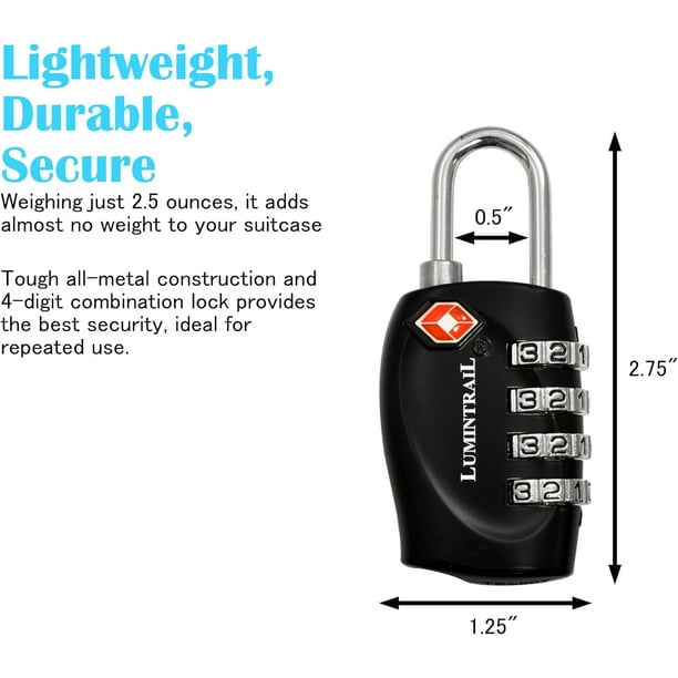 Lumintrail TSA Approved Locks 4 Digit Combination Luggage Locks TSA Approved Travel Locks for Luggage Suitcase with 4 FT Steel Cable Black 4