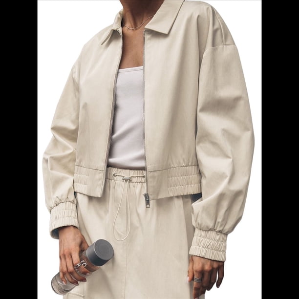 Chaqueta Corta para Mujer, Anorak Utilitario Extragrande con Cremallera, Color Cremoso, Talla L