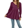 thumbnail image 3 of Seyurigaoka Women's V Neck Puff Long Sleeve Tunic Tops Casual Solid Color Smocked Cuffs Pleated Flare Babydoll Flowy Blouses Shirts, 3 of 7