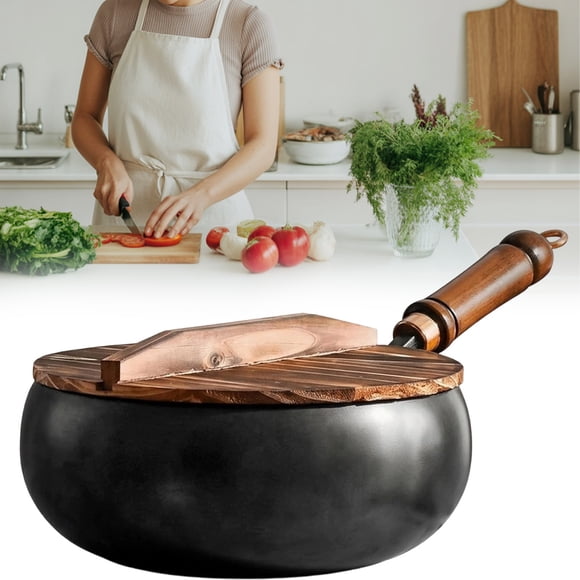 Wok Pan Uncoated Pot Free Hand Hammered Traditional Big Belly Pot (9.45in With Wood Lid ), 9.45 Inch Carbon Steel Wok, Uncoated Traditional Stir Fry Pan, Hand Hammered Wok with Lid