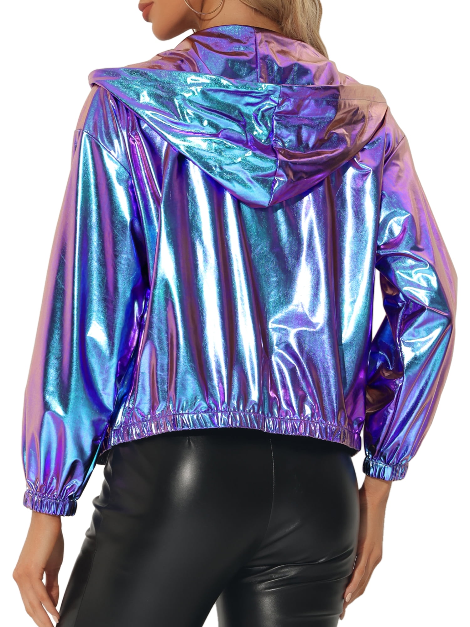 INSPIRE CHIC Veste Métallique à Capuche Holographique Brillante