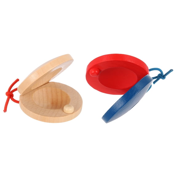 Uxcell 2 Pcs Wooden Castanets, Hand Finger Castanets Musical Instrument Rhythm Cymbals Percussion Instruments for Adults Beginner Toy, Wood Color/Red-Blue
