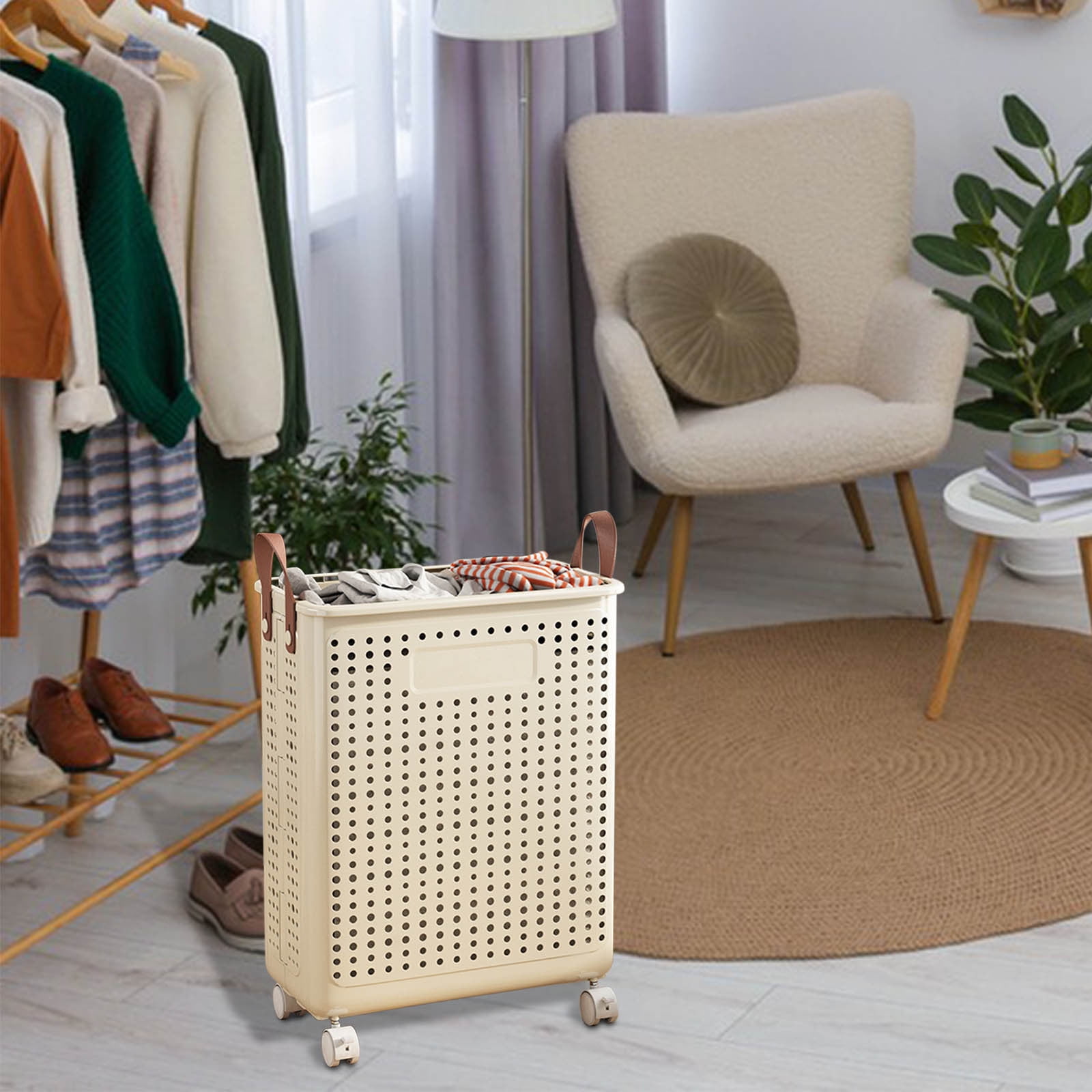 Kbndieu Collapsible Laundry Baskets, Clothes Hampers for Laundry with Heavy-Duty Wheels, Large Laundry Hamper for Bedroom, Bathroom, Dorm, Laundry Room, Beige