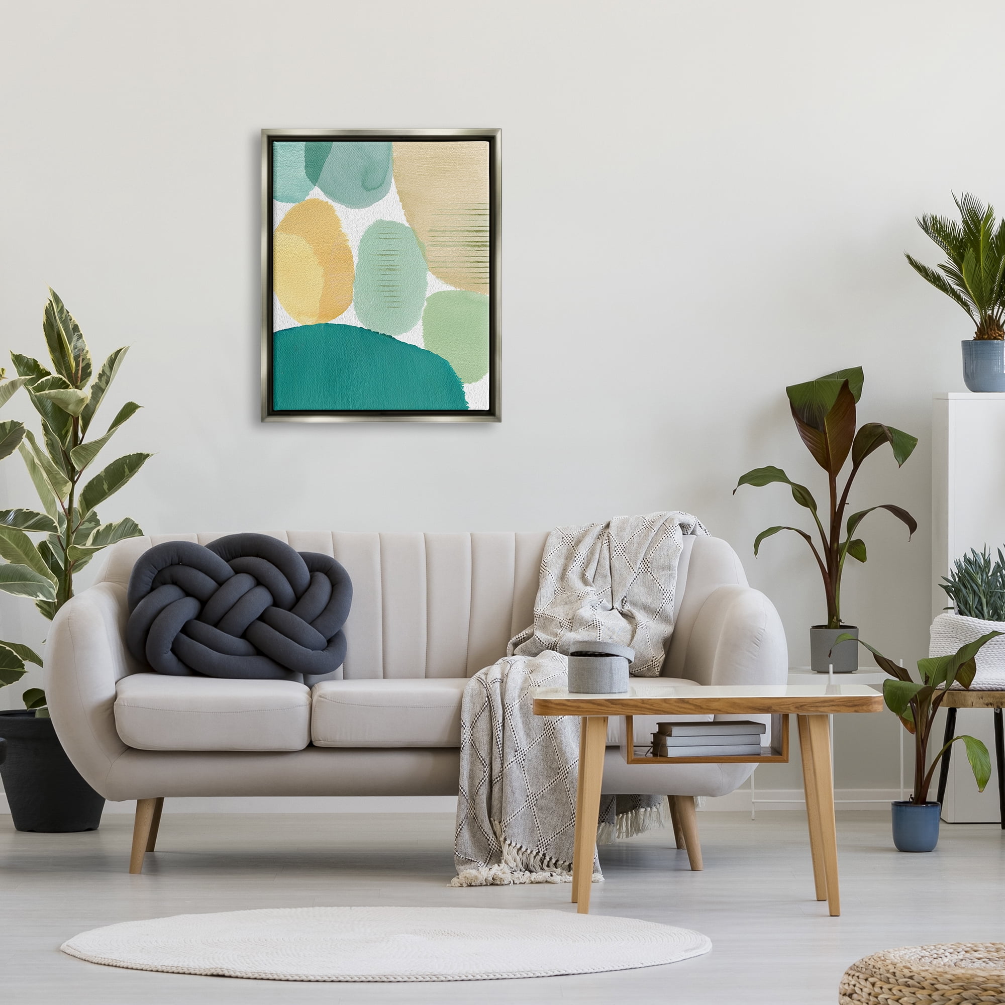 Stupell Industries Green & Yellow Circles Abstract Painting Gray Floater Framed Canvas Art Print Wall Art, 25 x 31