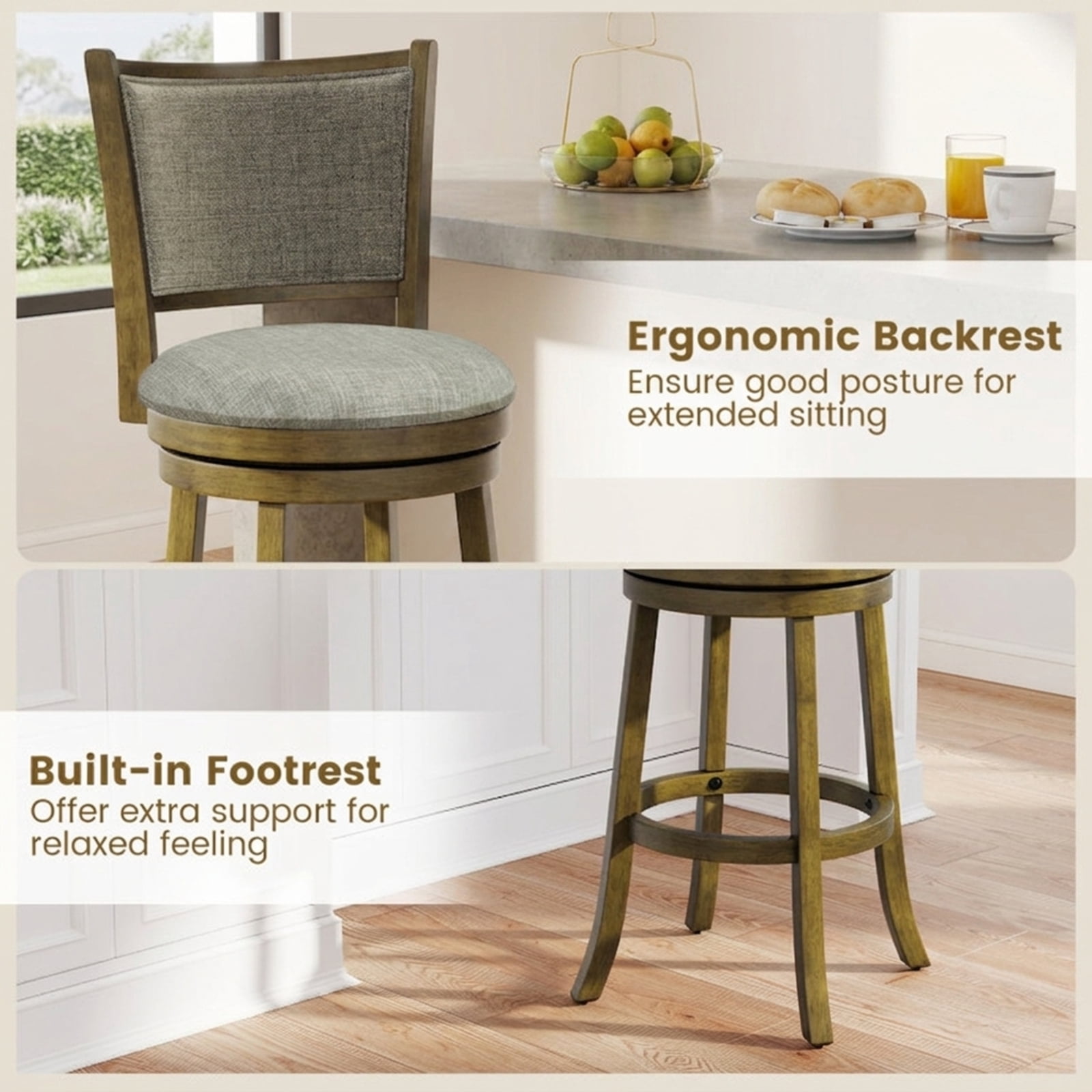 Furnibear Swivel Bar Stools Set of 2 with Soft-padded Back and Seat-L for Kitchen Island Counter Bar Pub Dining Home, Gray