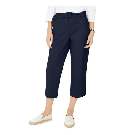 CHARTER CLUB Womens Navy Belted Mid Rise Twill Cropped Pants Size: 10