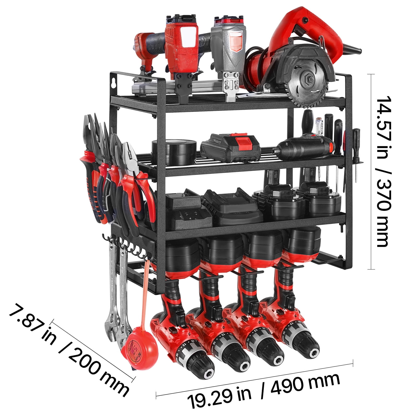 KFFKFF Wall-Mounted Power Tool Organizer, 4-Tier Storage Rack with Drill Slots, Tool Holder and Storage Shelf with Screwdriver Slot, Ideal for Garage, Workbench, and Workshop