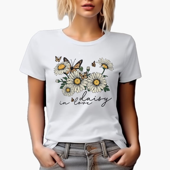 Daisy in Love Pun Quote with Daisies & Butterflies Art Merch Gift, White T-Shirt, Small