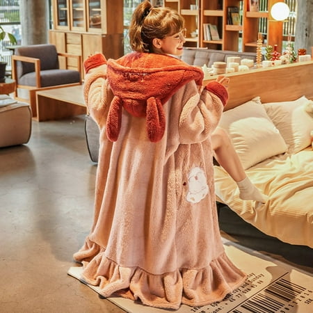 

PIKADINGNIS FUNISHI Winter Pajamas Night-robe Women Sleepwear Hooded Inspissate Cartoon Coral Fleece Keep Warm Loose Version Princess Style