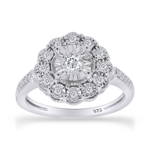 AFFY 1/3 Carat Round Cut White Natural Diamond Miracle Flower Engagement Ring In 14k White Gold Plated 925 Sterling Silver For Jewelry Ring Size-4