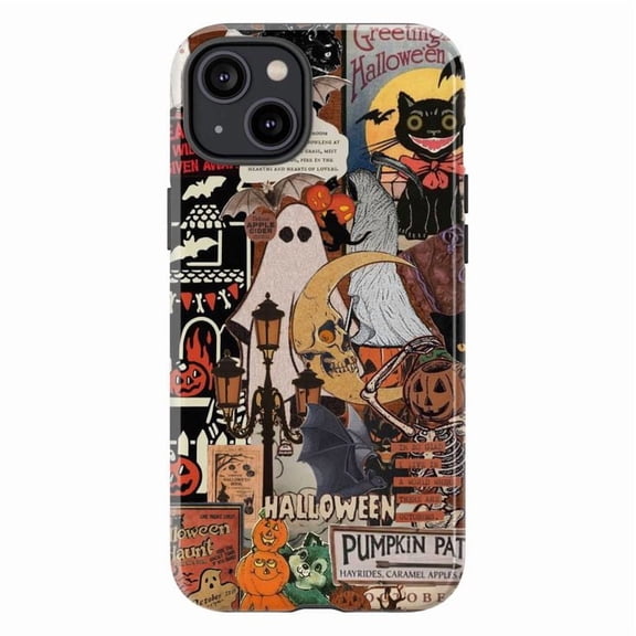 Retro Halloween Phone Case, Scary Cute Ghosts, Pumpkins & Black Cat Collage Protective Cover for iPhone 16 15 14 13 12 11 Pro Max Plus Mini