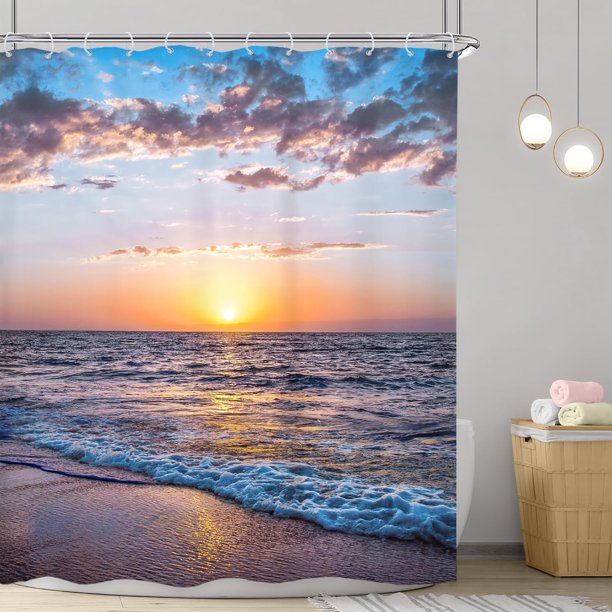 Cortina de ducha con diseño de playa y océano, 60 x 72 pulgadas, diseño de costa azul, amanecer, atardecer, cielo marino, paisaje escénico, olas vívidas, costa de Hawái, decoración de baño, tela de