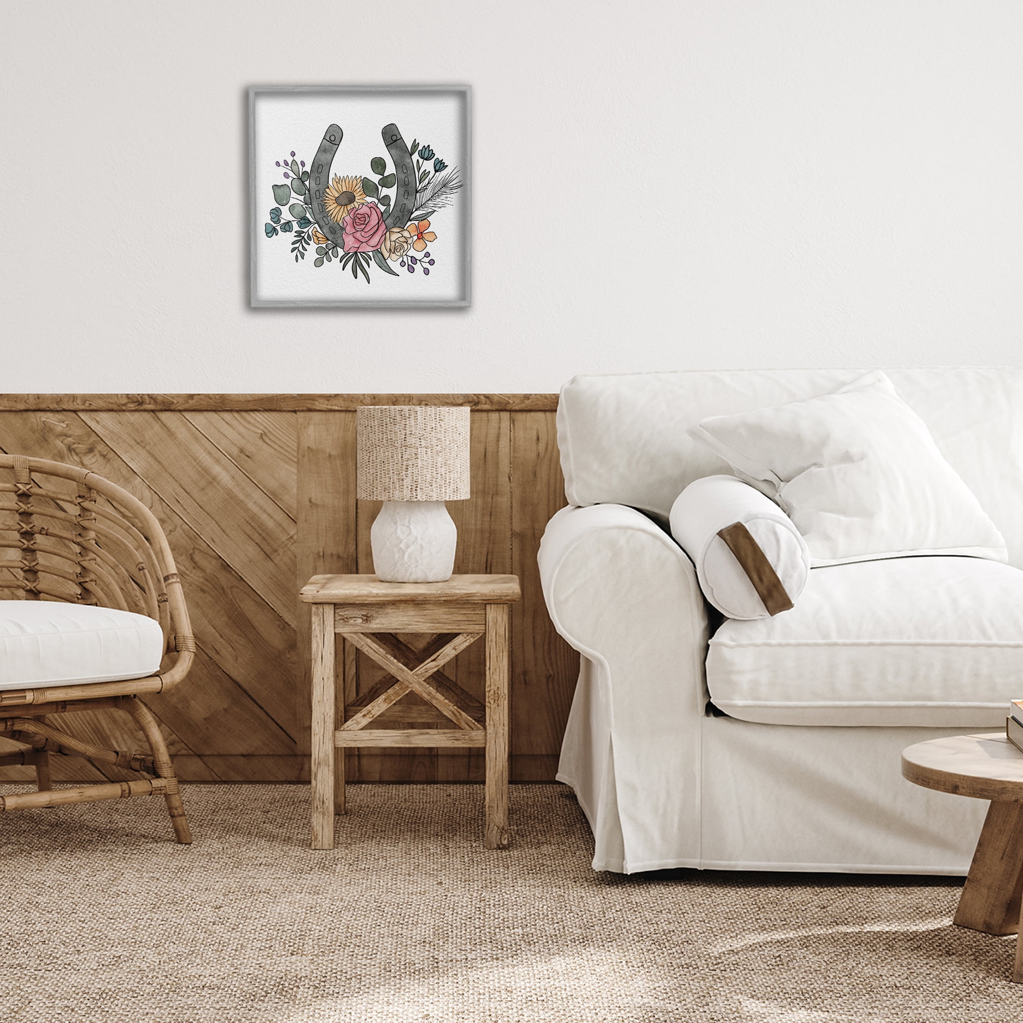 Stupell Industries Boho Floral Horseshoe Gray Framed Giclee Art, design by Alisha Kiara Design