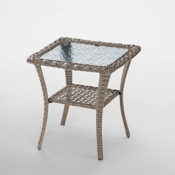 POCASSY Outdoor Side Table Gray Wicker Side Table - 19.7"*19*7" Rattan Coffee Table with Glass Top End Table for Outdoor Outside Patio Porch Square Gray