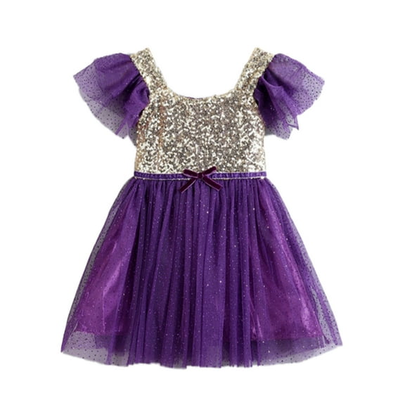StylesILove Gold Sequin Tulle Flower Girl Dress, 5 Colors (6-12 months / 90, Purple)