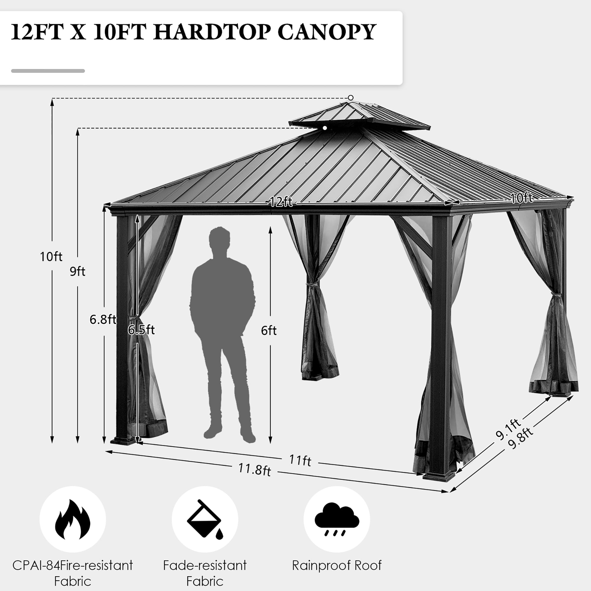 Costway 12ft x  10ft Hardtop Gazebo 2-tier Outdoor Galvanized Steel Canopy Grey