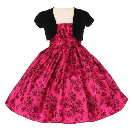 - Little Girls Fuchsia Black Taffeta Velvet Flocked Bolero Christmas Dress 6