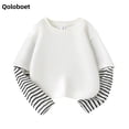 thumbnail image 4 of Qoloboet Striped Pullover Tops for Girls Spring Fall Casual Long Sleeve Round Neck Patchwork Shirts 3-14 Years, 4 of 5