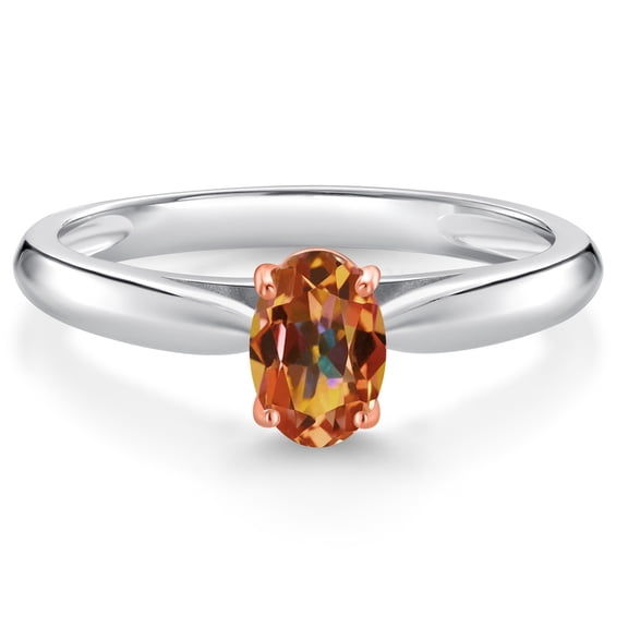 Gem Stone King 925 Sterling Silver and 10K Rose Gold Prongs Ecstasy Mystic Topaz Solitaire Engagement Ring for Women (0.50 Cttw, Oval 6X4MM, Gemstone Birthstone, Available in Size 5, 6, 7, 8, 9)