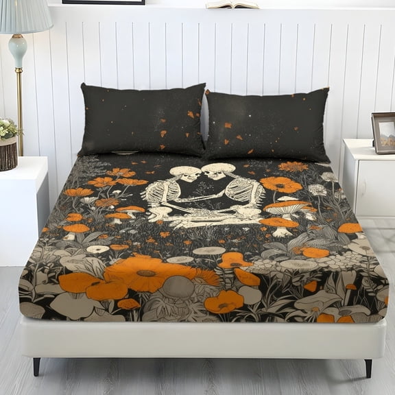 ZIATUBLES 3 Pcs Twin Size Sheet Set, Soft Comfort Bedding Sets with 1 Fitted Sheet and 2 Pillowcases, Cooling Cozy All-Season Bed Sheets, Dark Romantic Skeleton Floral