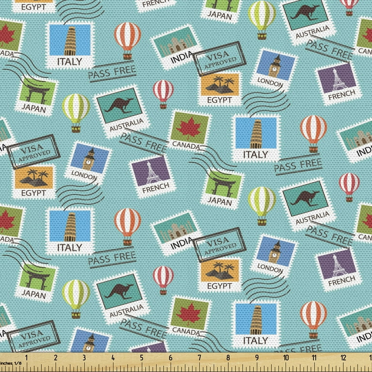 Adventure Cartoon Upholstery Fabric by the Yard, Popular Travel Destinations Passport Stamp Motifs of Countries and Cities, Decorative Fabric for DIY and Home Accents, 3 Yards, Multicolor by Ambesonne - Adventure Cartoon Upholstery Fabric by the Yard, Popular Travel Destinations Passport Stamp Motifs of Countries and Cities, Decorative Fabric for DIY and Home Accents, 3 Yards, Multicolor by Ambesonne -