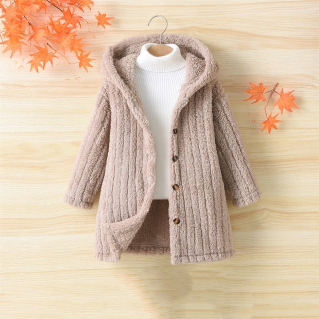 RXIRUCGD Fashionable Girls' Solid Color Plush Jacket Warm Hooded Cardigan Long Jacket( Khaki, Size:6 Years )