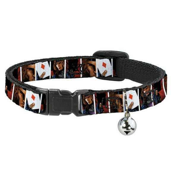 Marvel Comics Cat Collar, Breakaway Collar with Bell, X Men Gambit Cards Pose Blocks, 8.5 to 12 Inches 0.5 Inch Wide