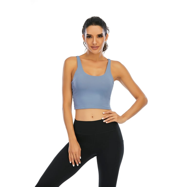 Basstop Strappy Sports Bras for Women Padded Longline Workout Yoga Bra,  Blue, XL 