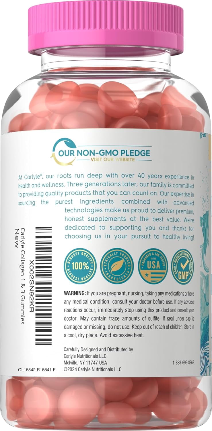 Collagen Gummies | 180 Count | Type 1 & 3 | Strawberry Flavor | by Carlyle