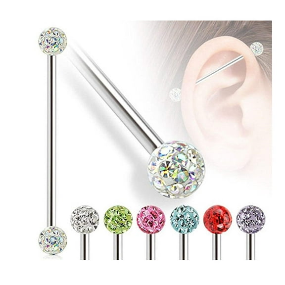 Surgical Steel Industrial Barbell 14 Gauge  Clear Epoxy Ferido Ball