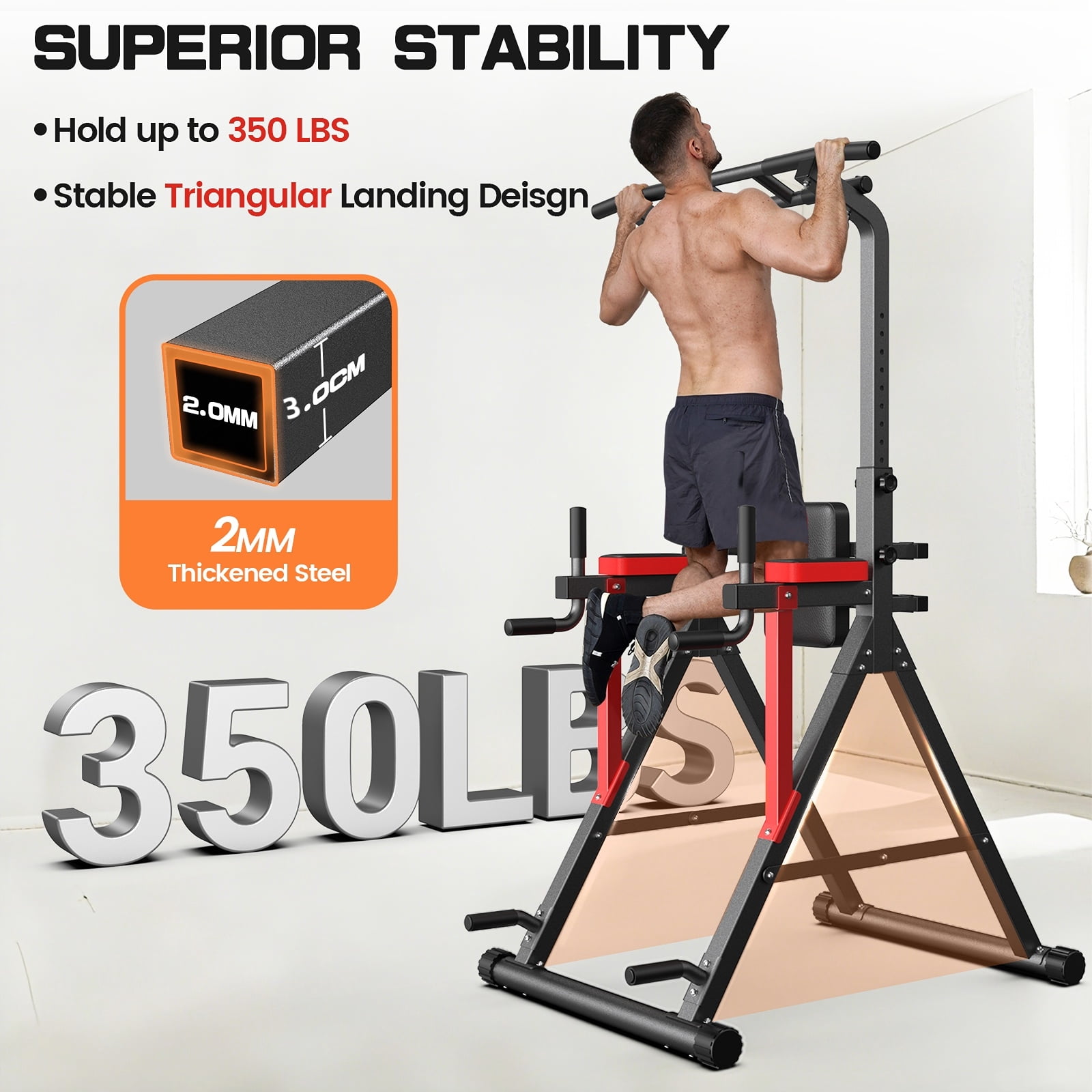 HASIMAN Pull Up Bar Multi-Functional Power Tower Height Adjustable Dip Station for Gym Strength Training Equipment Stable Triangular Design 350 LBS Weight Capacity