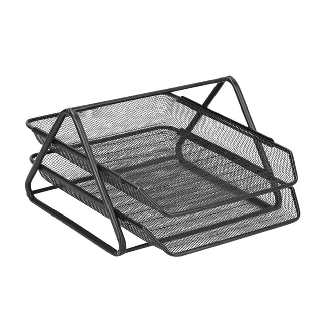 Black Metal Shelf Desktop Office Bookshelf with Storage, Double Layer Mesh Tray for Classified Organization
