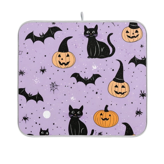 Yayeee Dish Drying Mat for Kitchen Counter 16"x18" Microfiber Absorbent Pad, Light Purple Halloween Black Cat