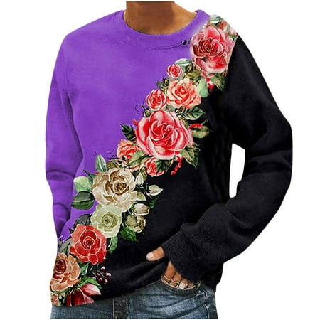 

Women s O-Neck Flowers Printing Loose Casual Fashion Long Sleeve T-shirt Tops black long sleeve shirt women corset tops for women Purple XL
