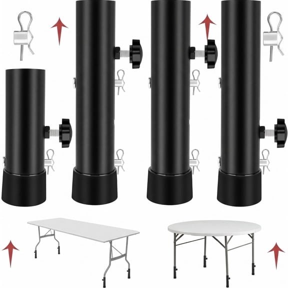 4 Pack Steel Folding Table Leg Extenders, Adjustable Height Risers 3.6in & 5.2in for Straight & Bent Legs