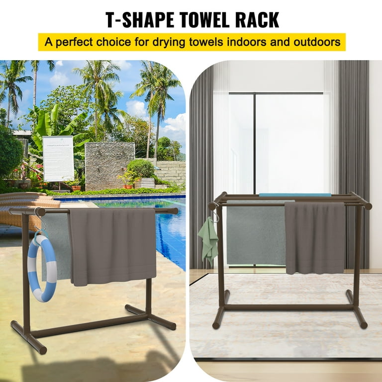 Free Shipping VEVOR Pool Towel Rack 5 Bar Brown Freestanding Outdoor PVC T shape Poolside Storage Organizer Include 8 Towel Clips Mesh Bag Hook Also Stores Floats and Paddles for Beach Swimming Pool
