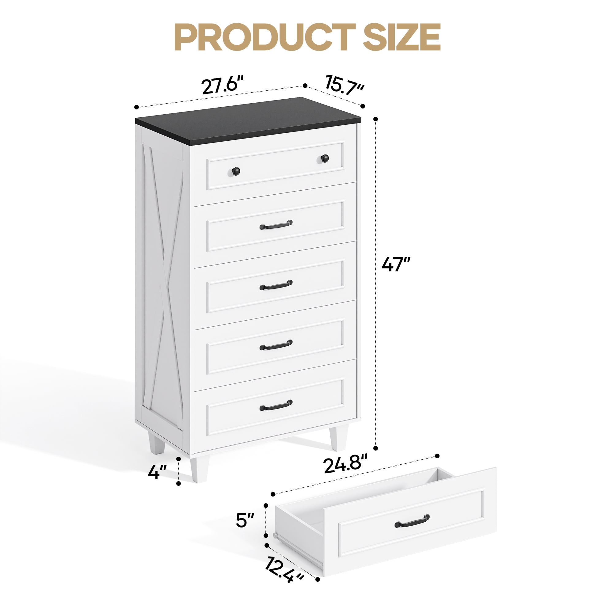 MARNUR 5 Drawer Dresser for Bedroom, Classic Farmhouse Tall Chest of Drawers, Storage Cabinet for Living Room Entryway, White & Black