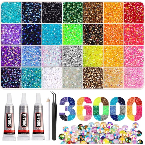 36000Pcs Resin Rhinestones 3mm Jelly AB 28Colors for Bedazzling Glitter Kit DIY, Multicolor Crystal Diamond Pearls with 3Pcs 10ml B7000 Jewelry Glue for Bedazzled Nail Art Supplies Decoration