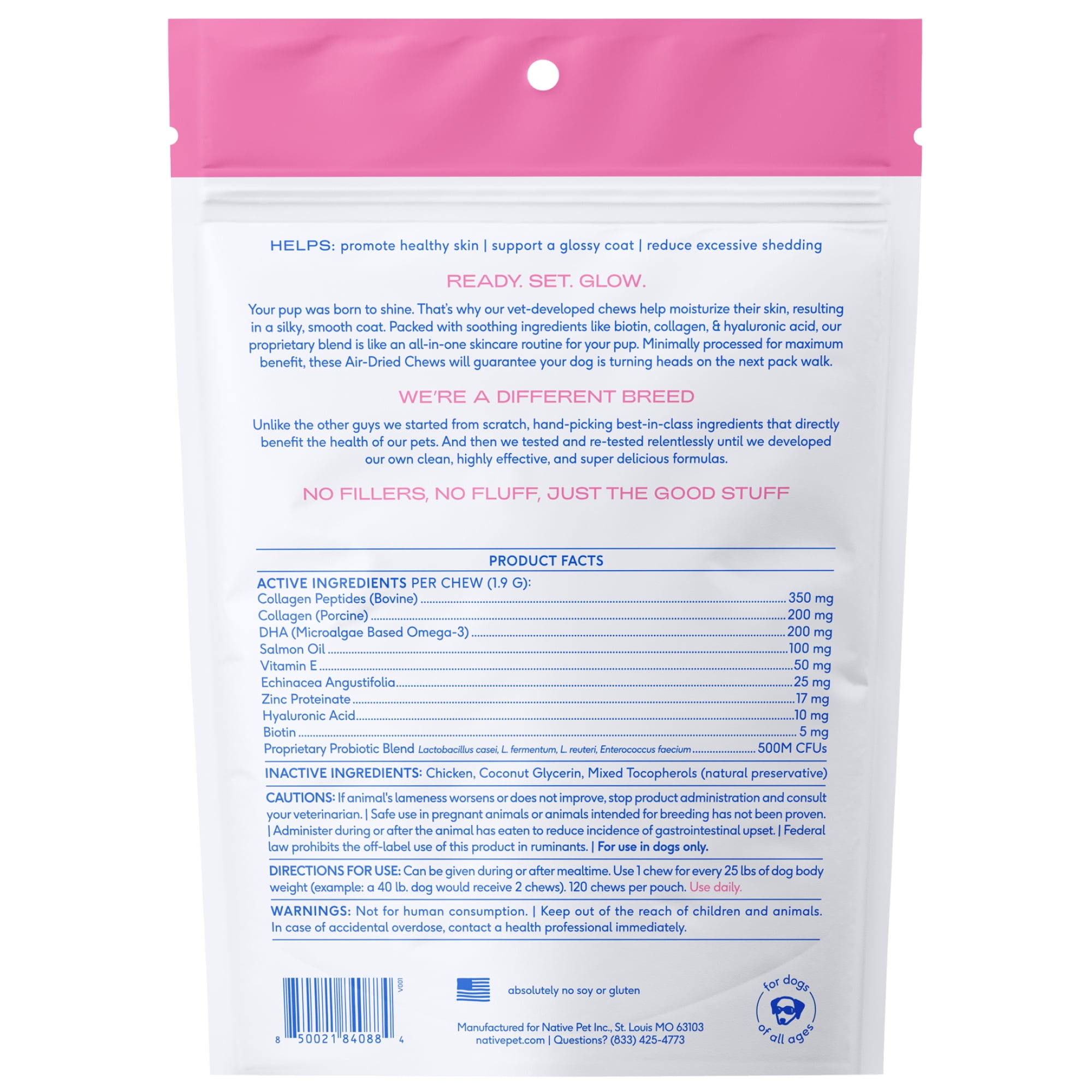 Native Pet Skin and Coat Chews for Dogs with Salmon Oil and Collagen for Healthy Skin and Shiny Coat, 60ct